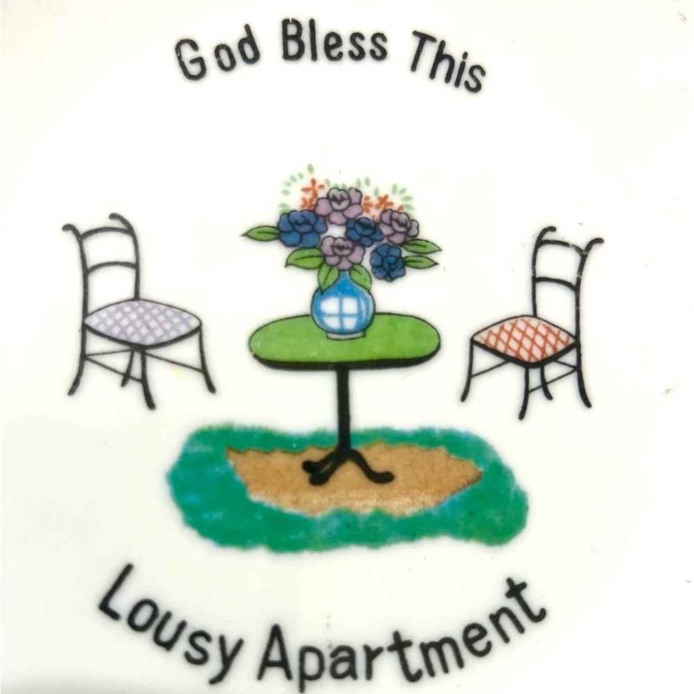 “God Bless This Lousy Apartment” Vintage Wall Plate – Gold Trim